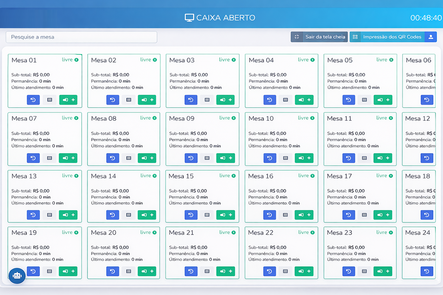 Tela de mesas do sistema Teksys 